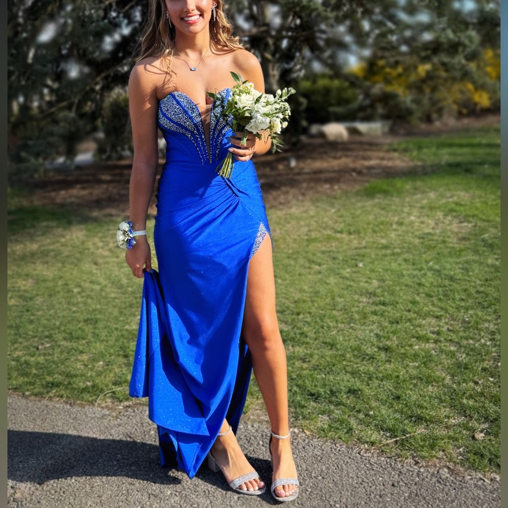 STRAPLESS CORSET PROM DRESS- Blue Sparkling Strapless Fit and Flare w/Slit